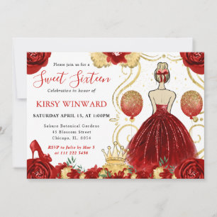 Invitation Robe Rouge Cheveux Blonds Princesse Sweet 16