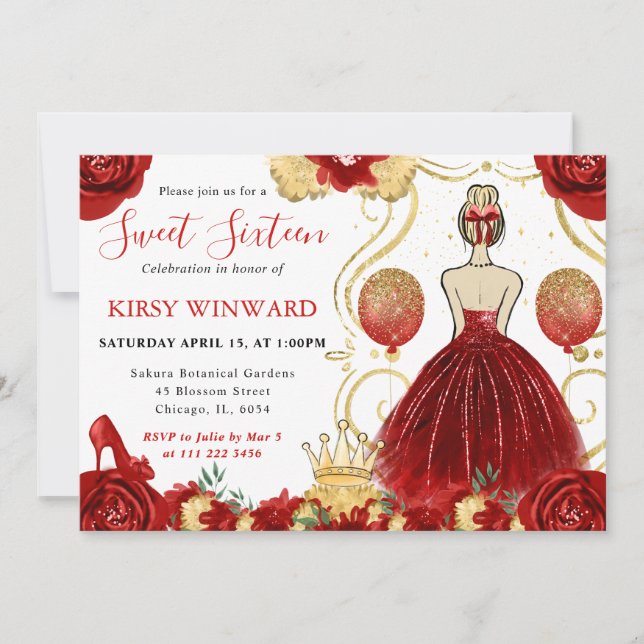 Invitation Robe Rouge Cheveux Blonds Princesse Sweet 16 (Devant)
