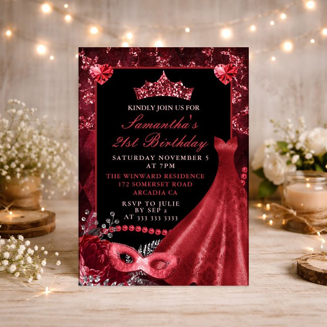 Invitation Robe Rouge Élégante Anniversaire Masqué (Créateur téléchargé)