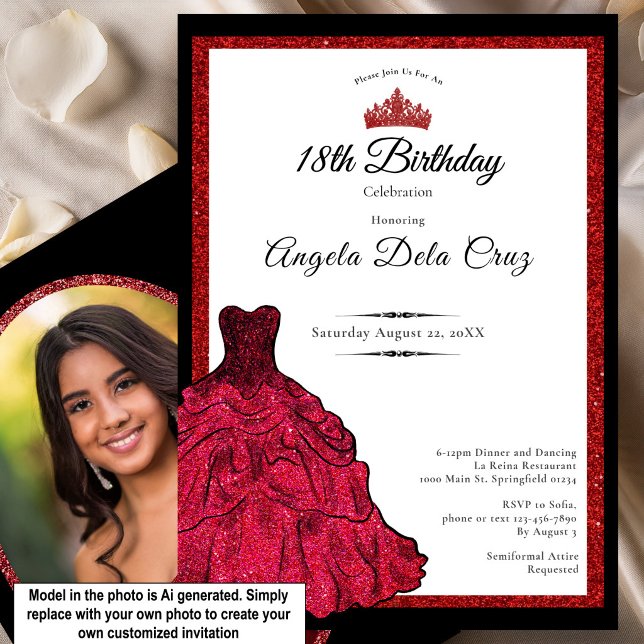 Invitation Robe rouge et diadème pour les 18 ans (Créateur téléchargé)