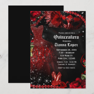Invitation Robe rouge et noire Masquerade Quinceañera 15 fête