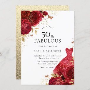 Invitation Robe rouge et Parties scintillant d'or Rose 50e an