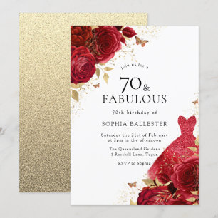 Invitation Robe rouge et Parties scintillant d'or Rose 70e an