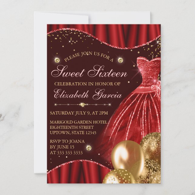 Invitation Robe rouge et Parties scintillant or Ballons doux  (Devant)