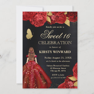 Invitation Robe Rouge Fleurs de femme Haired Red Sweet 16