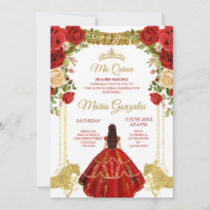 Invitation Robe rouge Fleurs mexicaines Quinceañera