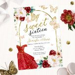 Invitation Robe rouge florale douce 16 Papillon<br><div class="desc">Adorables invitations pour un anniversaire sweet sixteen avec des fleurs dorées rouges. Facile à personnaliser avec vos détails. N'hésitez pas à me contacter via le chat si vous avez des questions sur l'œuvre d'art ou si vous avez besoin d'une personnalisation. Consultez la collection pour d'autres articles. VEUILLEZ NOTER : Pour...</div>
