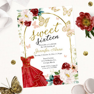 Invitation Robe rouge florale douce 16 Papillon