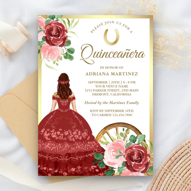 Invitation Robe rouge florale rustique Charro or Quinceanera (Créateur téléchargé)
