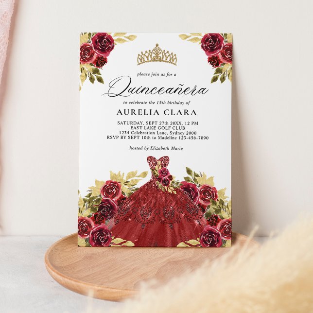 Invitation Robe rouge glam Aquarelle florale 15e Quinceañera (Créateur téléchargé)
