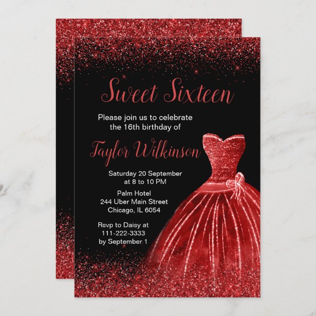 Invitation Robe Rouge Lumineuse Faux Parties scintillant Douc (Devant / Derrière)