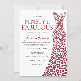 Invitation Robe rouge Ninety et fabuleuse 90e fête d'annivers