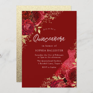 Invitation Robe Rouge & Or & Rose Quinceanera Party
