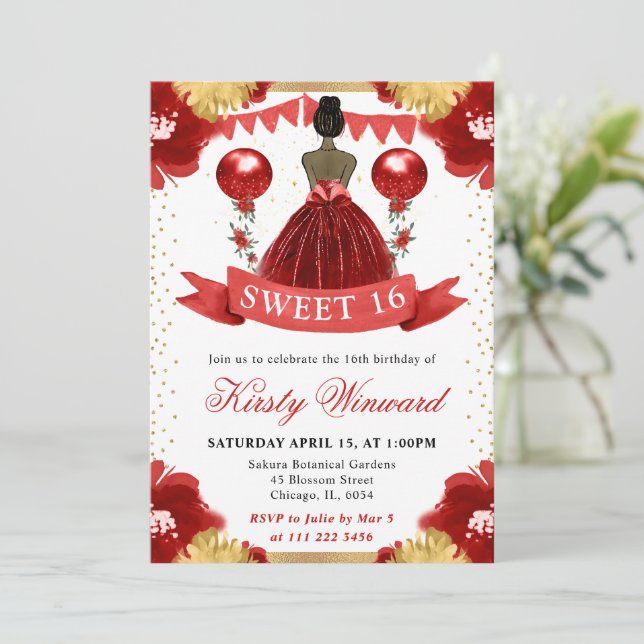 Invitation Robe rouge Peau foncée Princesse Sweet 16 (Debout devant)