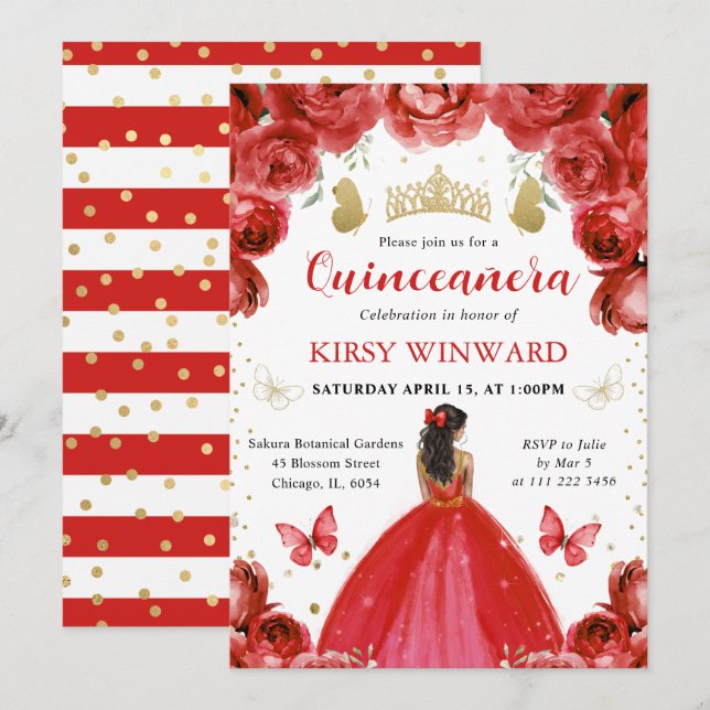Invitation Robe rouge princesse à peau foncée Quinceanera (Devant / Derrière)