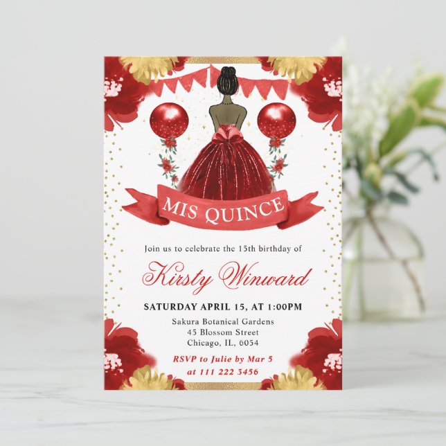 Invitation Robe Rouge Princesse à Peau Noire Quinceanera (Debout devant)