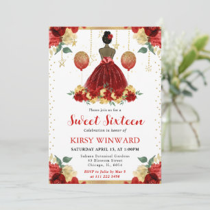Invitation Robe Rouge Princesse à Peau Noire Sweet 16