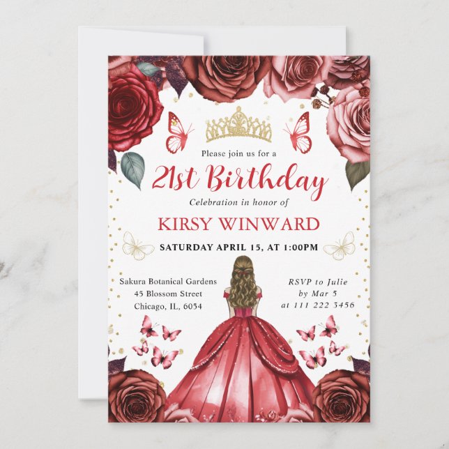 Invitation Robe Rouge Princesse aux Cheveux Blonds Anniversai (Devant)