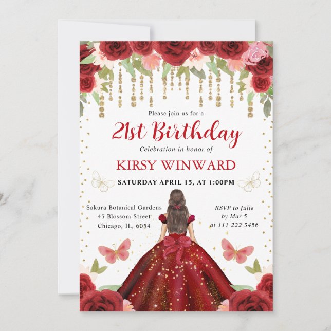 Invitation Robe Rouge Princesse aux Cheveux Bruns 21e Anniver (Devant)