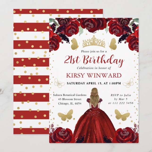 Invitation Robe Rouge Profond Cheveux Blonds Anniversaire Pri (Devant / Derrière)