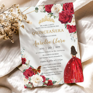 Invitation Robe rouge Roses blanches Floral Girl Or Quinceañe
