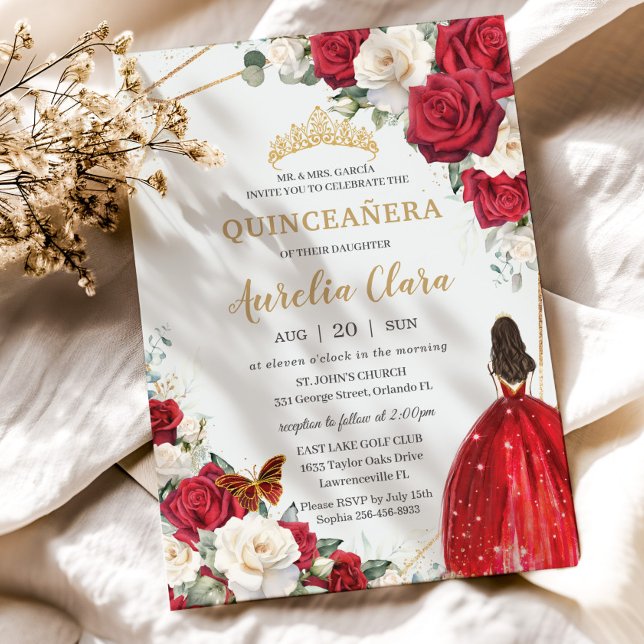 Invitation Robe rouge Roses blanches Floral Girl Or Quinceañe (red and white roses floral flowers quinceanera invitation cards brunette girl red dress)
