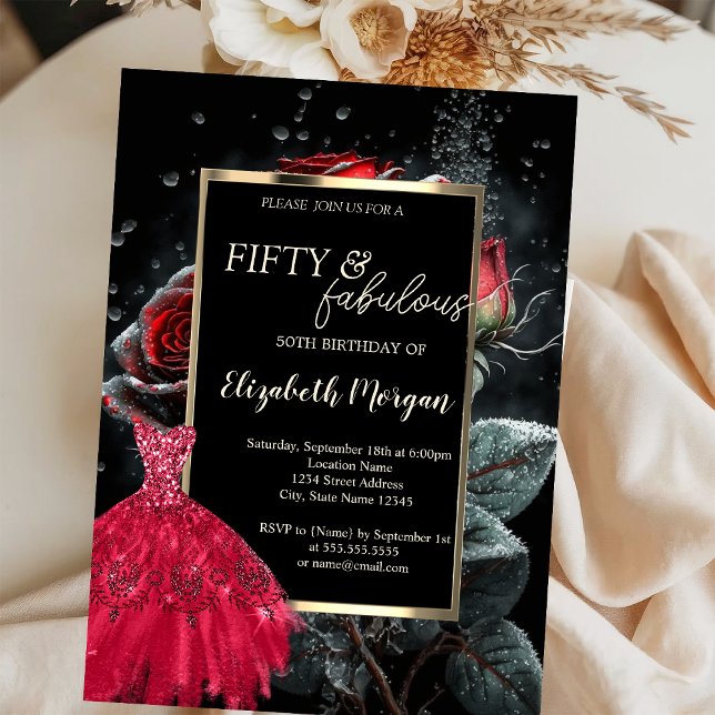 Invitation Robe rouge Roses rouges Noir 50e anniversaire (Créateur téléchargé)