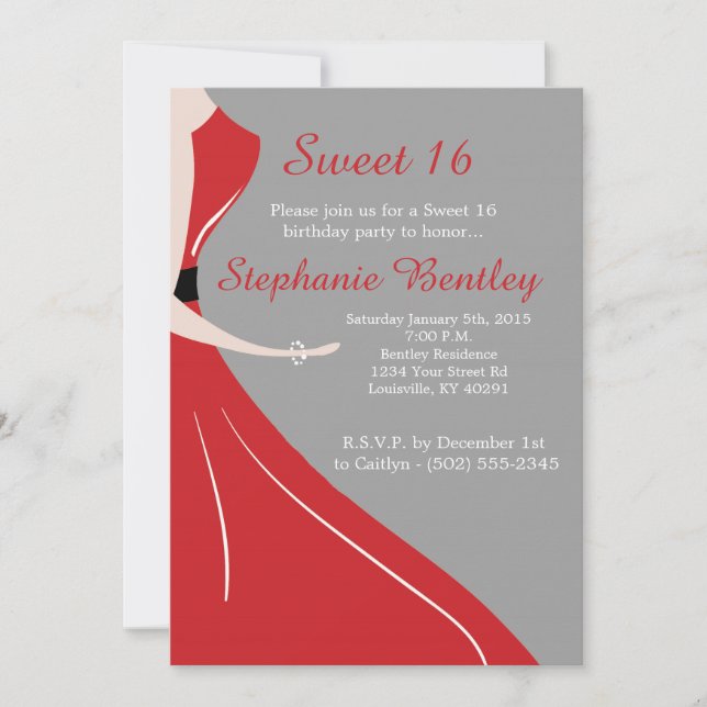 Invitation Robe rouge Silhouette Sweet 16 Anniversaire Invita (Devant)