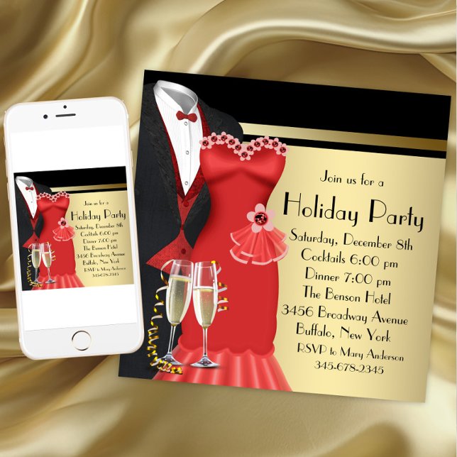 Invitation Robe rouge smoking élégante de Noël (Christmas party invitation for any occasion. Available for download and printed invitations.)