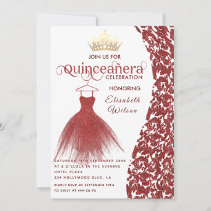 Invitation Robe rouge vintage damas or tiara Quinceañera I