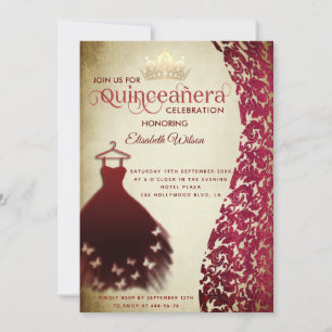 Invitation Robe rouge vintage damé or tiara Quinceañera