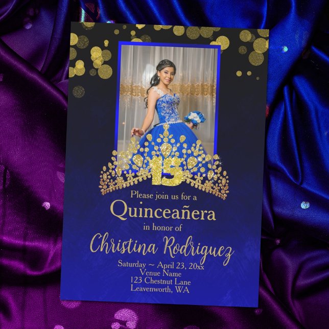 Invitation Robe Royal Blue Princess Quinceanera Gold Tiara (elegant royal blue and gold quinceanera invitations with gold crown and gold number 15)