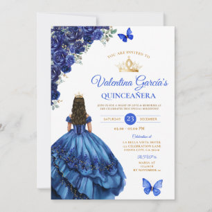 Invitation Robe Royale Bleue Quinceañera 15 Ans Fleurs Or