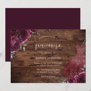 Invitation Robe Rustique Bourgogne Étincelante Rose Quinceane