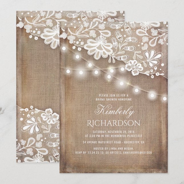 Invitation Robe Rustique Burlap Lumières dentelle Fête des ma (Devant / Derrière)