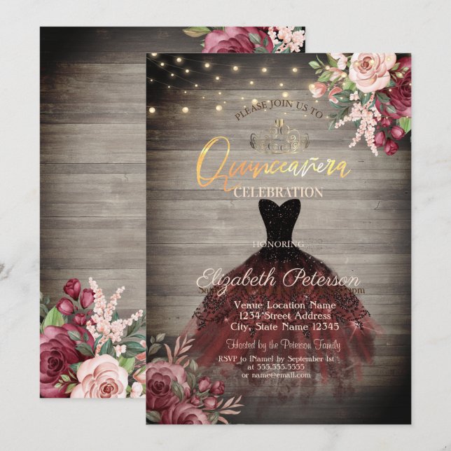 Invitation Robe rustique, Diadème, Roses lumineuses Bois Quin (Devant / Derrière)