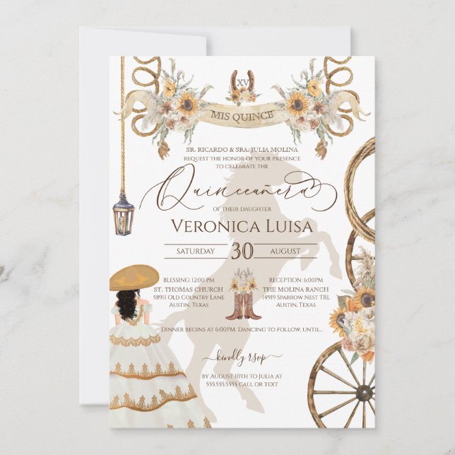 Invitation Robe Rustique Florale Tournesol Charro Quinceanera (Devant)