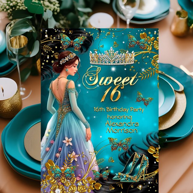Invitation Robe sarcelle or 16e anniversaire Papillon (Créateur téléchargé)