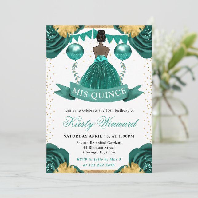 Invitation Robe sarcelle Peau foncée Princesse Quinceanera (Debout devant)