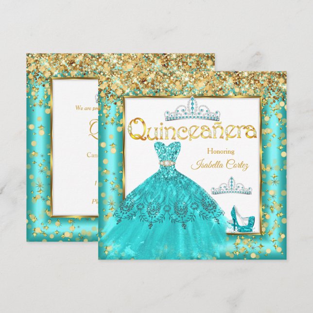 Invitation Robe sarcelle pour fête de Quinceañera talons haut (Devant / Derrière)