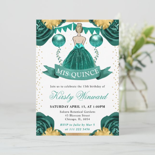 Invitation Robe sarcelle princesse aux cheveux blonds Quincea (Debout devant)