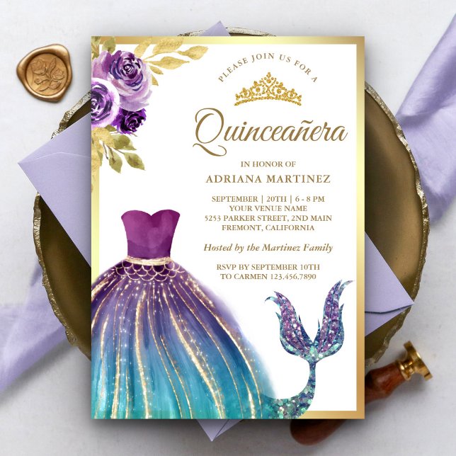 Invitation Robe sarcelle violette Queue de sirène Quinceanera (Créateur téléchargé)