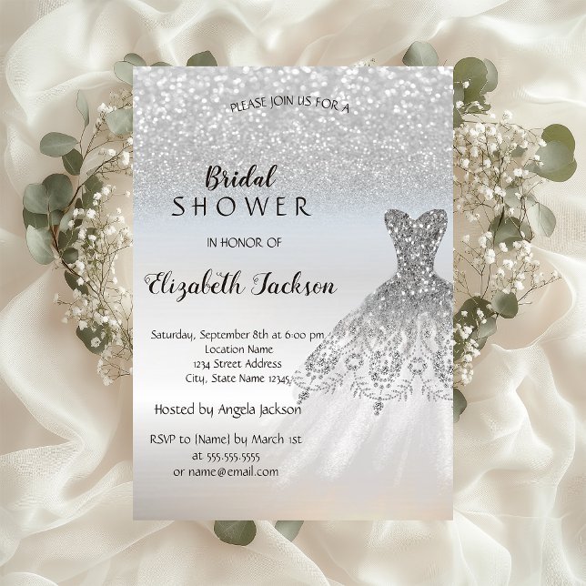 Invitation Robe scintillante argentée Bokeh  Mariage (Créateur téléchargé)