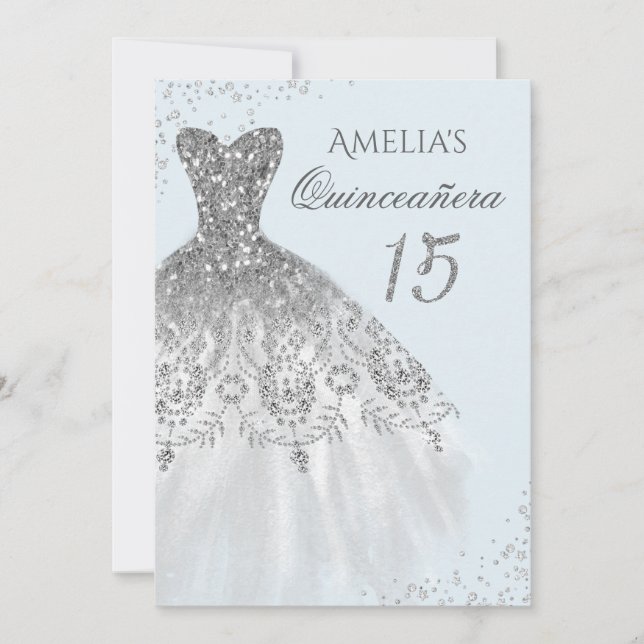 Invitation Robe scintillante bleue argentée Quinceanera (Devant)