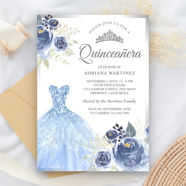 Invitation Robe scintillante roses bleues douces argentée Qui (Créateur téléchargé)