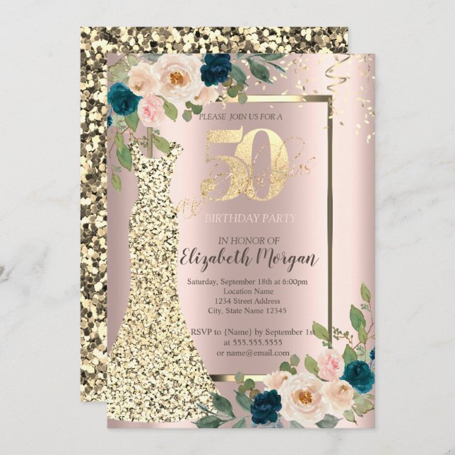Invitation Robe Sequins d'or, Rose bleu Or 50e anniversaire (Devant / Derrière)