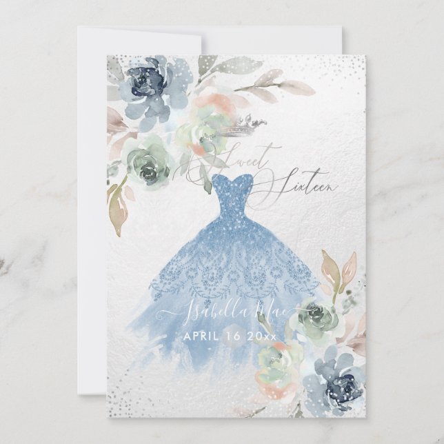 Invitation Robe Sweet sixteen bleu foncé Fleurs d'aquarelle (Devant)