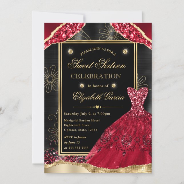 Invitation Robe Sweet sixteen or et Parties scintillant rouge (Devant)