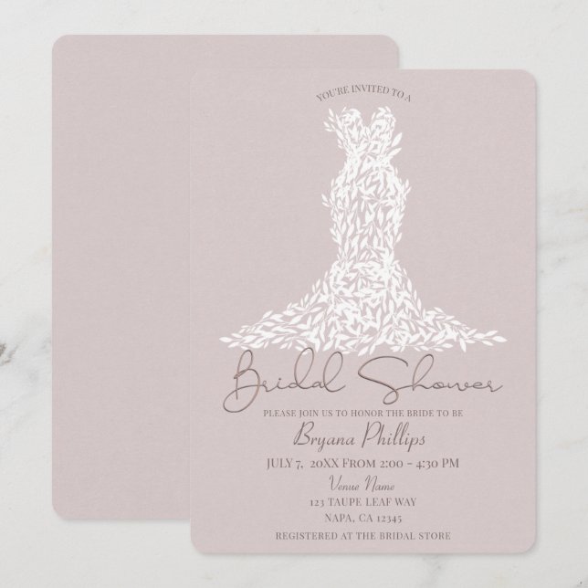Invitation Robe Taupe & Blanc Feuilles Mariage Moderne Cérémo (Devant / Derrière)