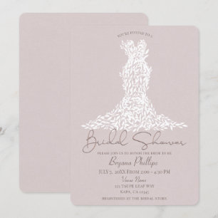 Invitation Robe Taupe & Blanc Feuilles Mariage Moderne Cérémo